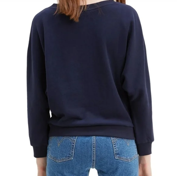 Levi's Navy Blue Crew Sweatshirt White Piping Sleeve, Women's Size L - Picture 2 of 6